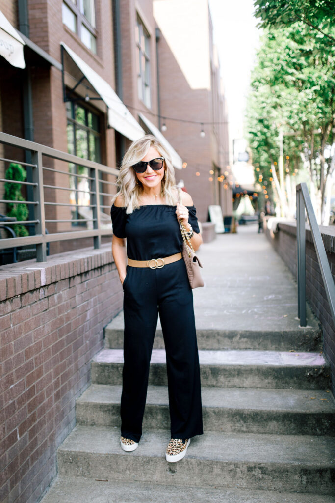 Gibson Look by popular Nashville fashion blog, Hello Happiness: image of Natasha Stoneking wearing a Gibson Look off the the shoulder ponte knit jumpsuit.