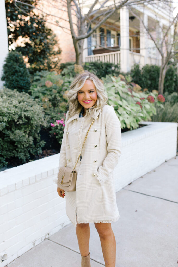 Women's Winter Coats by popular Nashville fashion blog, Hello Happiness: image of Natasha wearing a Sail to Sable double breasted houndstooth coat. 