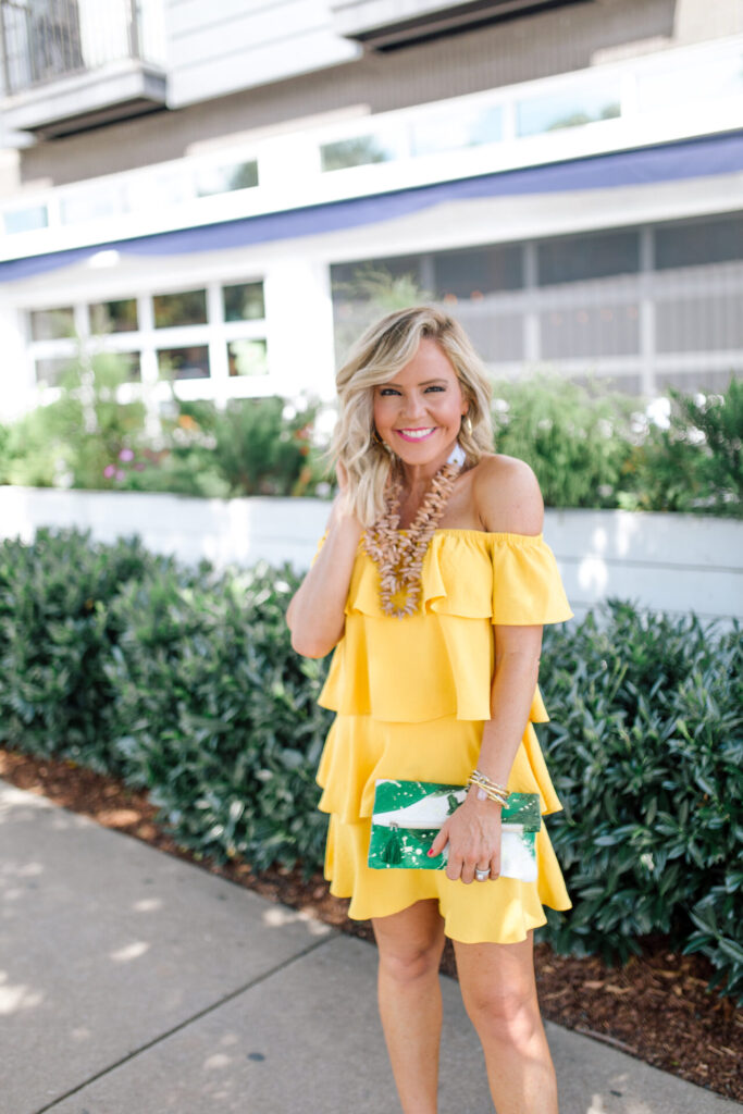 Gibson Look by popular Nashville fashion blog, Hello Happiness: image of Natasha Stoneking wearing a Gibson Look yellow off the shoulder ruffle dress.