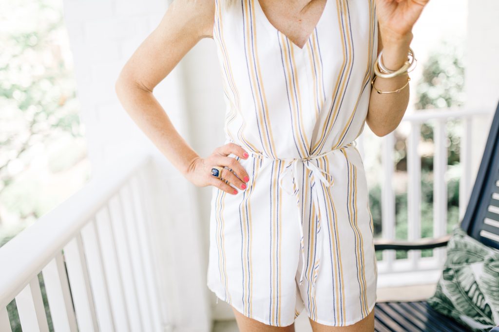 Two Favorite Spring Trends + We Dress America featured by top US fashion blog, Hello! Happiness; image of woman wearing a striped romper and wedge shoes from Walmart