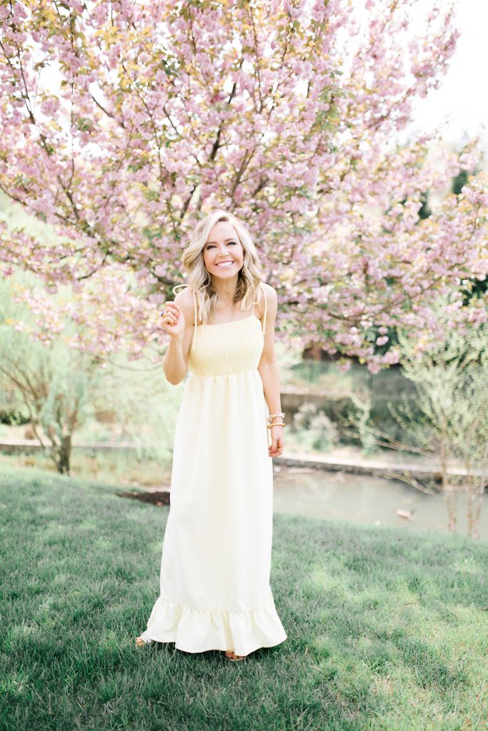 Two Favorite Spring Trends + We Dress America featured by top US fashion blog, Hello! Happiness; image of woman wearing a yellow maxi dress and wedge shoes from Walmart