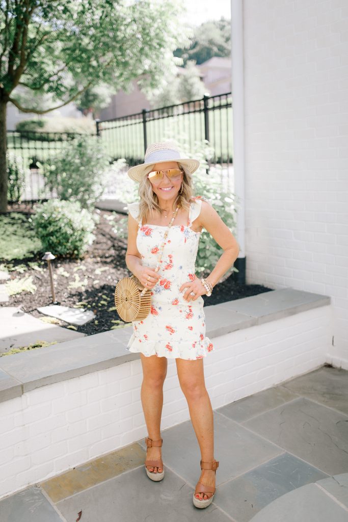Festival Outfit Ideas featured by top US fashion blog Hello! Happiness; Image of a woman wearing WAYF mini dress, Sole Society wedges, Nordstrom sunglasses and Amazon bag.