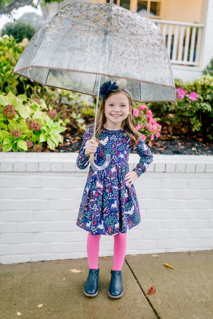 Happy 8th Birthday Daughter by popular Nashville lifestyle blog, Hello Happiness: image of a little girl standing outside with a clear umbrella. 