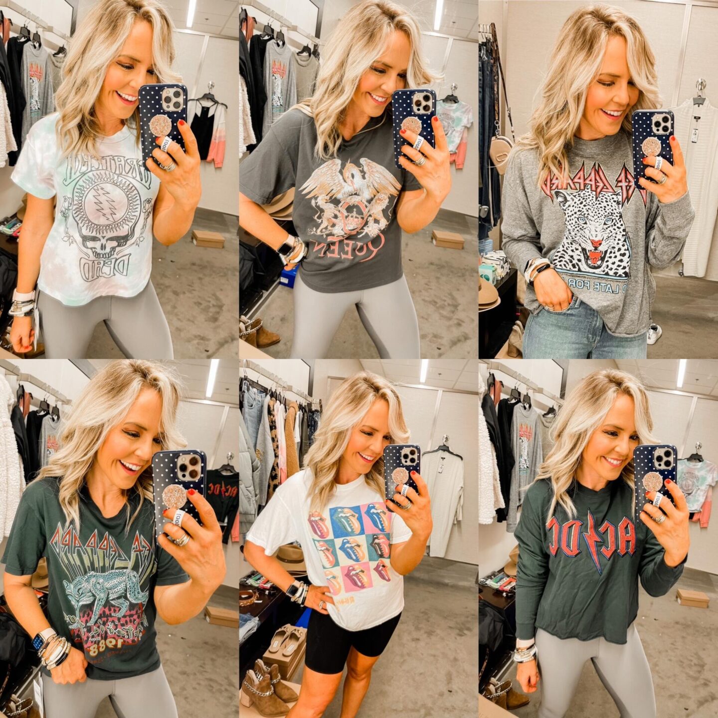 Nordstrom Anniversary Sale by popular Nashville fashion blog, Hello Happiness: image of Natasha Stoneking wearing a Nordstrom sky tie dye t-shirt, queen crest tee, too late for love long sleeve tee, hysteria graphic tee, Rolling Stones graphic t-shirt, and acdc crop sweatshirt.
