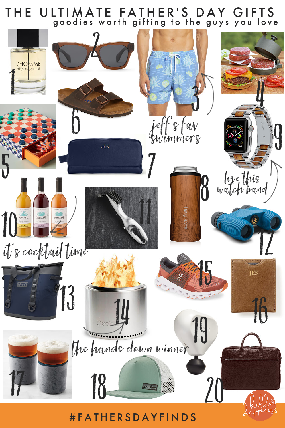 Best Father's Day Gifts by popular Nashville life and style blog, Hello Happiness: collage image of YSL L"Homme Eau de Toilette cologne, Whiskey Grey dean sunglasses, Chubbies Swim Trunks, adjustable nonstick burger press, time to play checkers game, Arizona soft slide sandals, leather toiletry bag, Hopsulator slim in walnut, stainless steel and wood Apple Watch band, Casamigos cocktail trio, Grand Grill Daddy cleaning brush, Waterproof binoculars, Yeti M30 cooler, bonfire solo stove, cloud swift running shoe, money clip card case, Rabbit freezable beer glasses, duckbill trucker hat, mini percussive therapy massager, and Knox slim laptop bag.