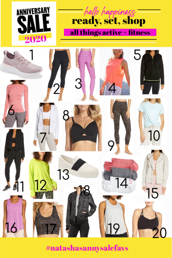 Nordstrom Anniversary Sale by  popular Nashville fashion blog, Hello Happiness: collage image of Nordstrom leggings, sneakers, active tops, socks, active tanks, and jacket. 