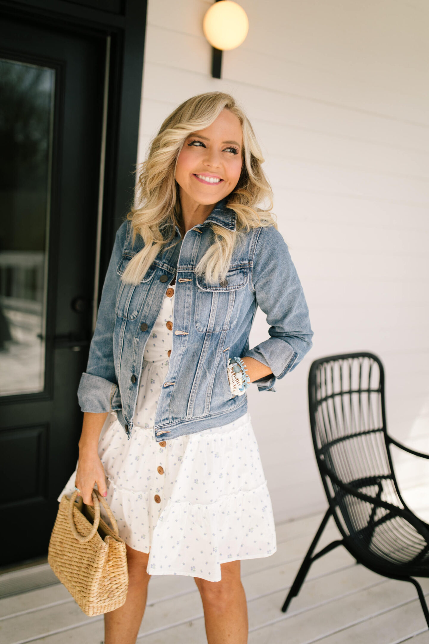 Collaborations and Partnerships by popular Nashville lifestyle blog, Hello Happiness: image of a woman wearing a white and blue dot print dress, light denim jacket, and holding seagrass tote. 