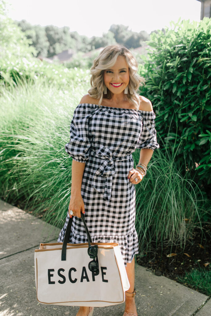 Gibson Look by popular Nashville fashion blog, Hello Happiness: image of Natasha Stoneking wearing a Gibson Look off the shoulder gingham dress.