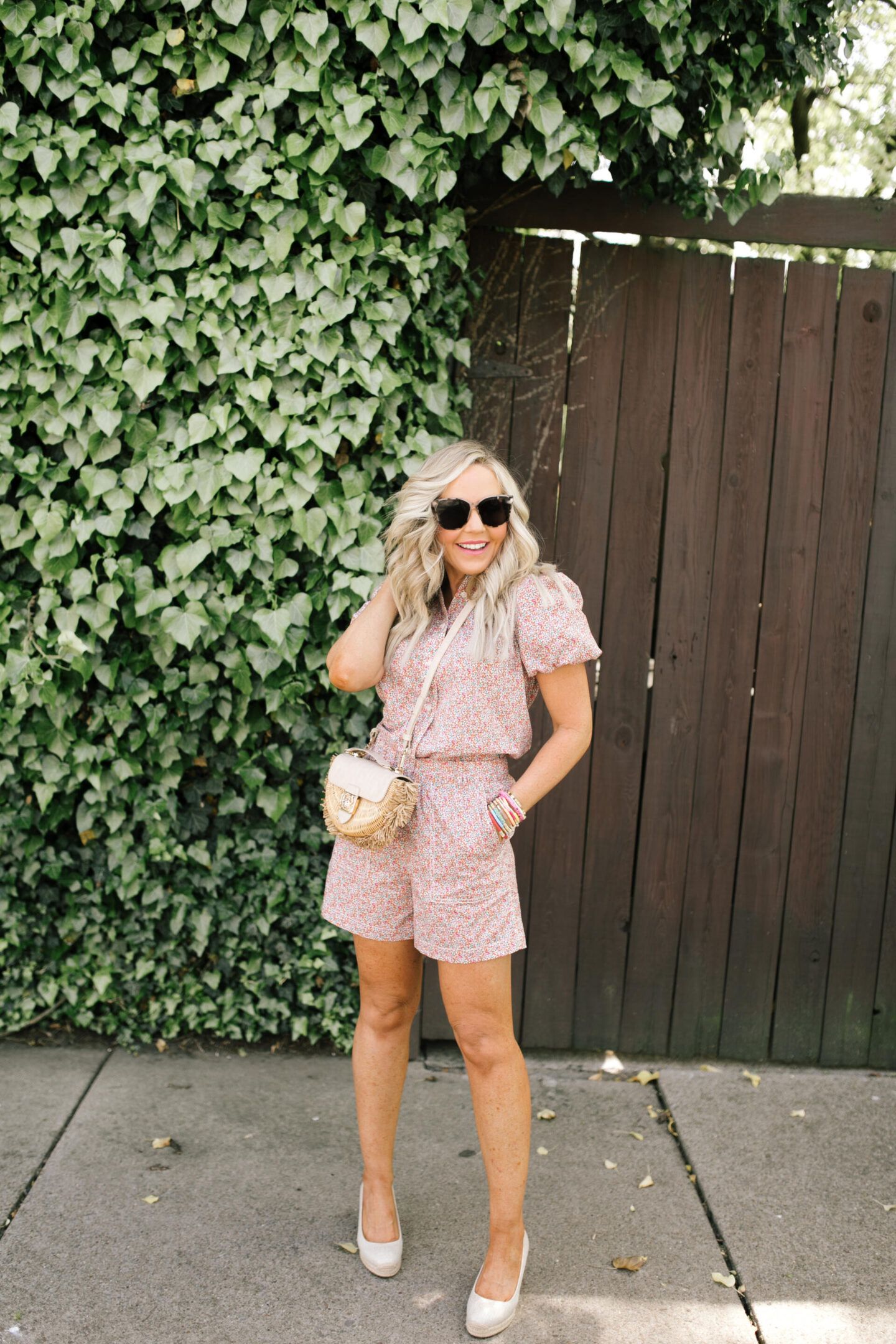 J Crew Clothing by popular Nashville fashion blog, Hello Happiness: image of a woman wearing a J Crew classic fit short sleeve blouse and pull-on camp shorts in Eloise liberty of London print.