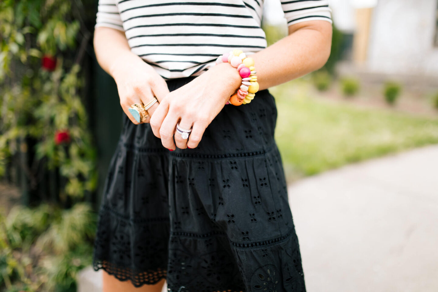 Accessory Concierge by popular Nashville fashion blog, Hello Happiness: image of Natasha Stoneking wearing a Accessory Concierge Here Comes the Sun Collar, striped ballet top and eyelet skirt.