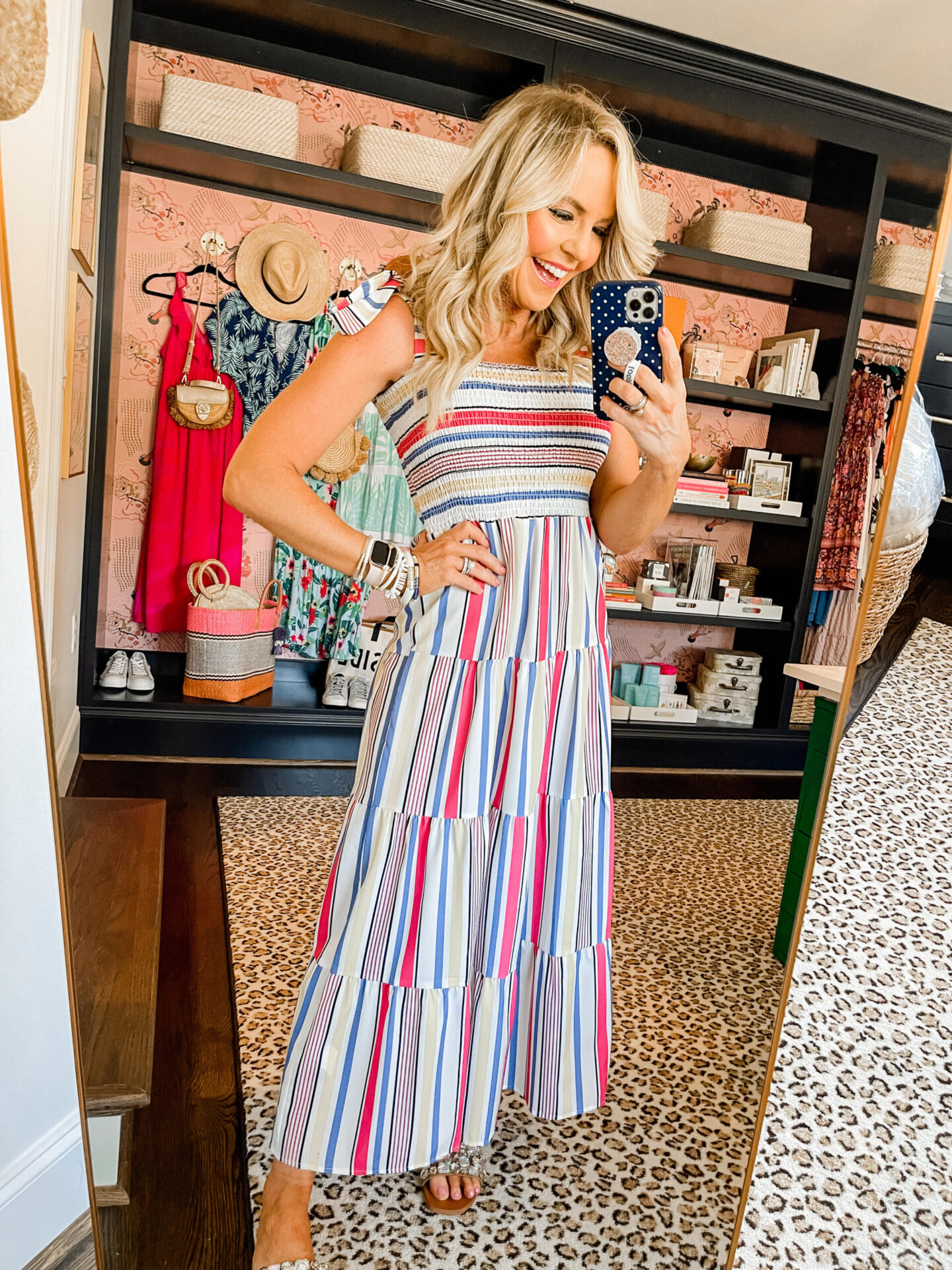 Social Threads by popular Nashville fashion blog, Hello Happiness: image of Natasha Stoneking wearing a Social Threads red, white, blue, and tan stripe, smock top tie strap maxi dress. 