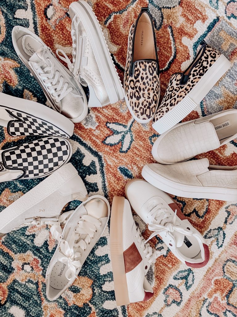 Stock Up...It's Fall Sneakers Season by popular Nashville fashion blog, Hello Happiness: image of Baylee Slip Ons, Gills Taupe Crocodile, Marks and Spencer Leather Suede Panel Lace-up Trainers, Vans Platform Slip-On Sneaker, and Fratinardi NEROGIARDINI TRAINERS. 