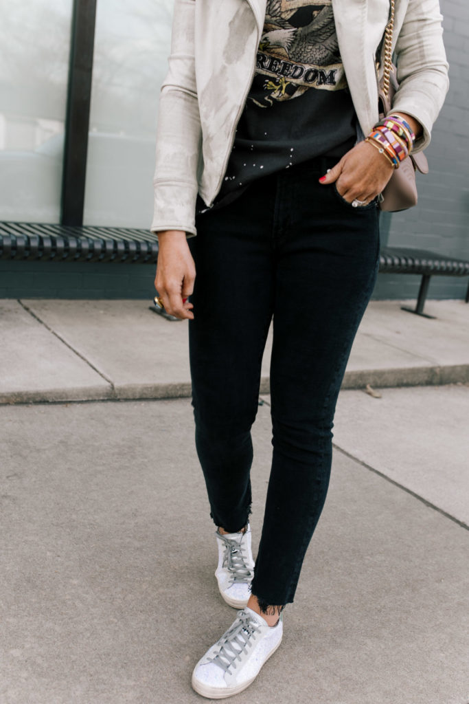 Shopbop Sale by popular Nashville fashion blog, Hello Happiness: image of a woman wearing Shopbop P448 glitter sneakers and AGOLDE Toni Mid Rise Straight Jeans. 