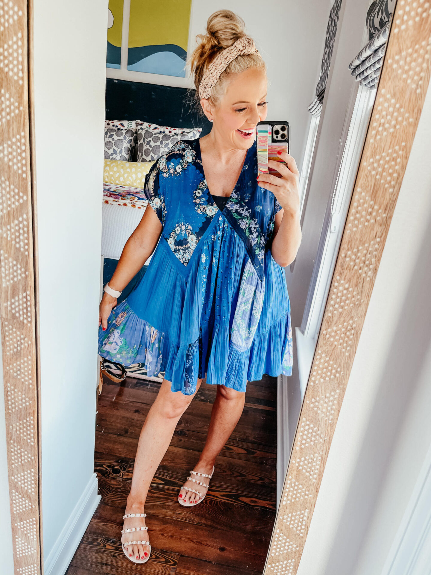 Spring Break Outfits by popular Nashville fashion blog, Hello Happiness: image of Natasha Stoneking wearing a Mini Scarves dress, Raffia Headband, and Studded slides.