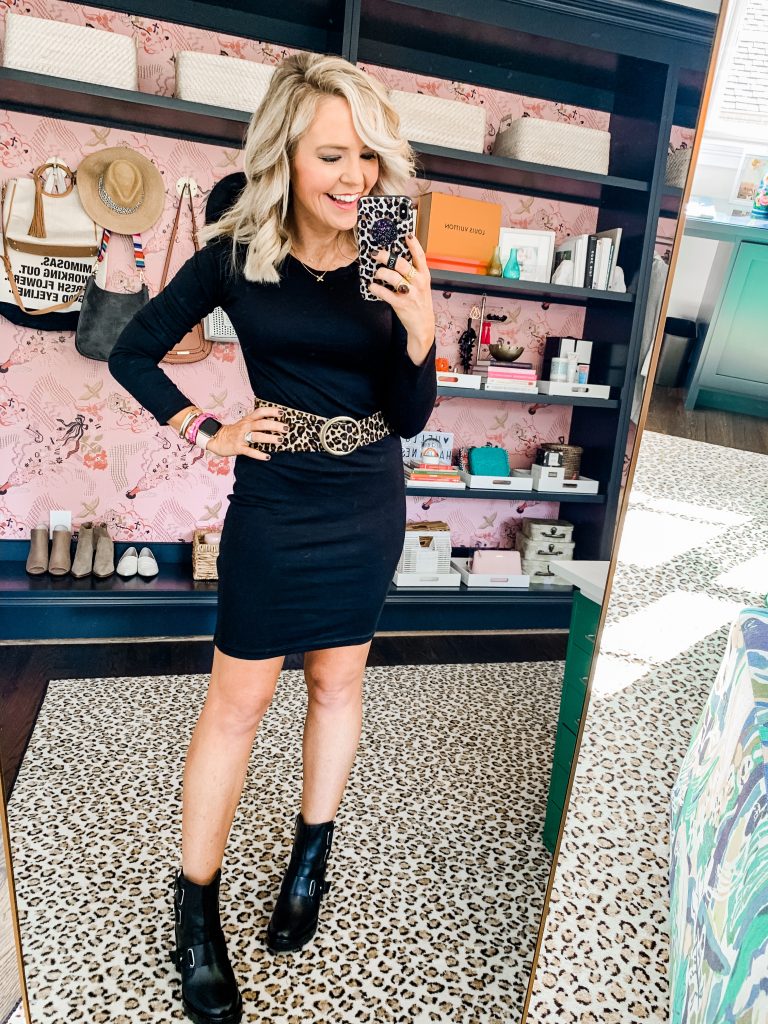 The Friday Five...by popular Nashville life and style blog, Hello Happiness: image of a woman wearing a Pink Lily Power Of Love Black Piko Dress, MARC FISHER LTD Dream Lug Sole Boot, Julie Vos Verona Statement Ring, and Julie Vos Fern Ring. 