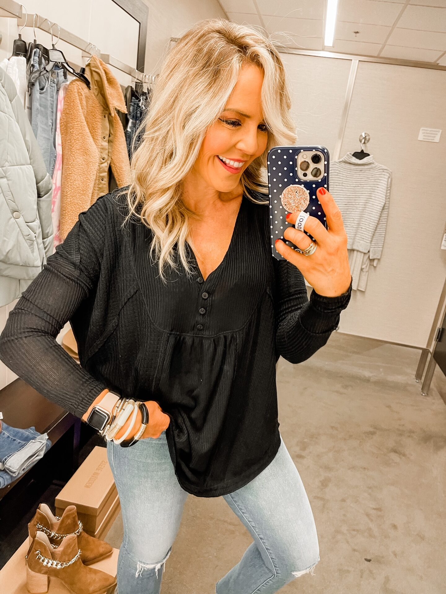 Nordstrom Anniversary Sale by popular Nashville fashion blog, Hello Happiness: image of Natasha Stoneking wearing a Nordstrom Free People Leo Henley tee.