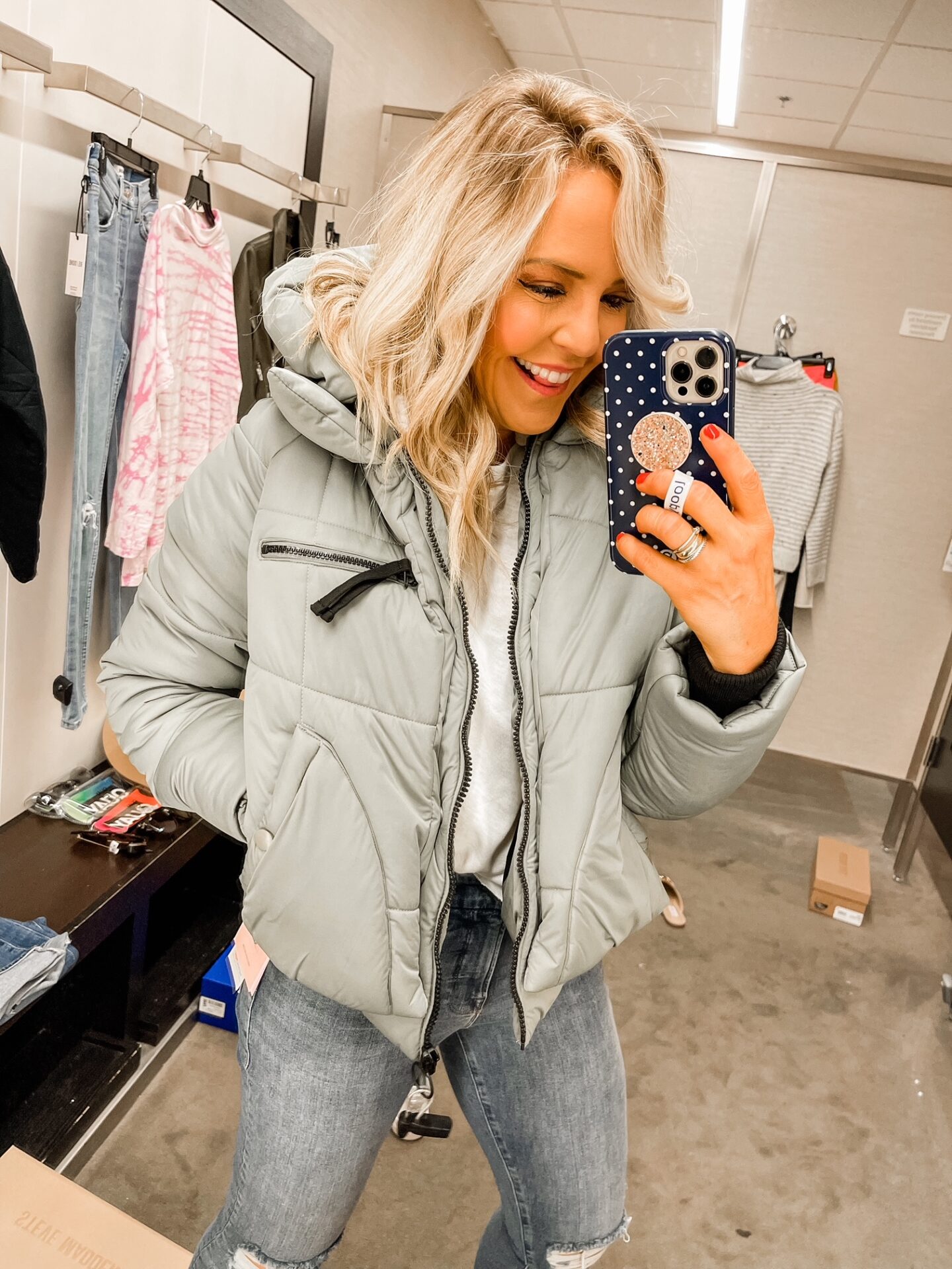 Nordstrom Anniversary Sale by popular Nashville fashion blog, Hello Happiness: image of Natasha Stoneking wearing a Nordstrom cropper puffer coat.