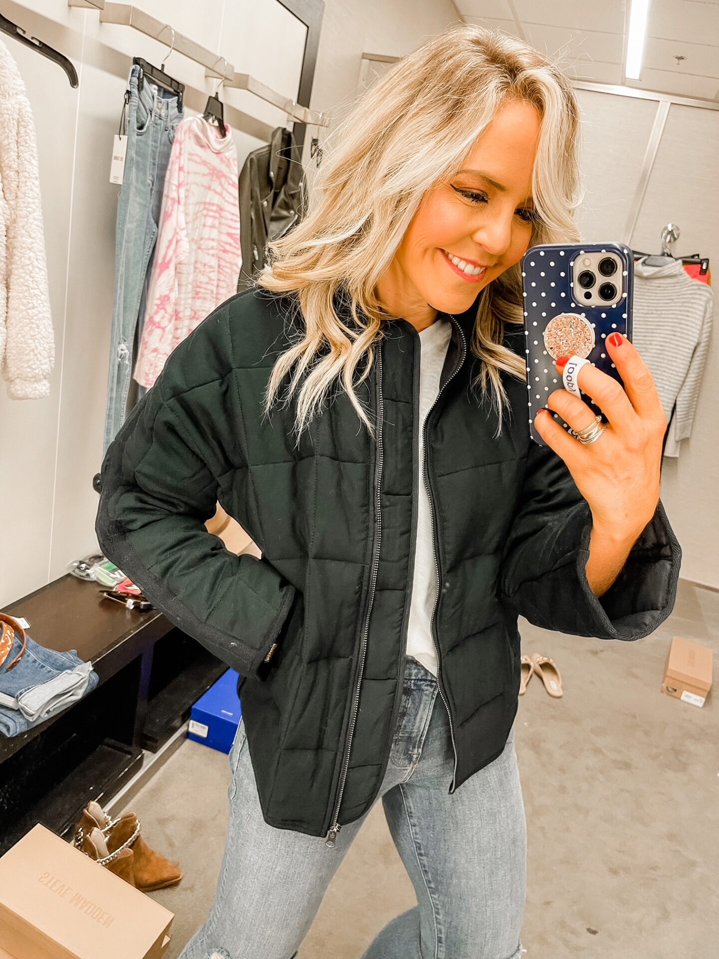 Nordstrom Anniversary Sale by popular Nashville fashion blog, Hello Happiness: image of Natasha Stoneking wearing a Nordstrom dolman sleeve quilted jacket and Cassidy tee. 