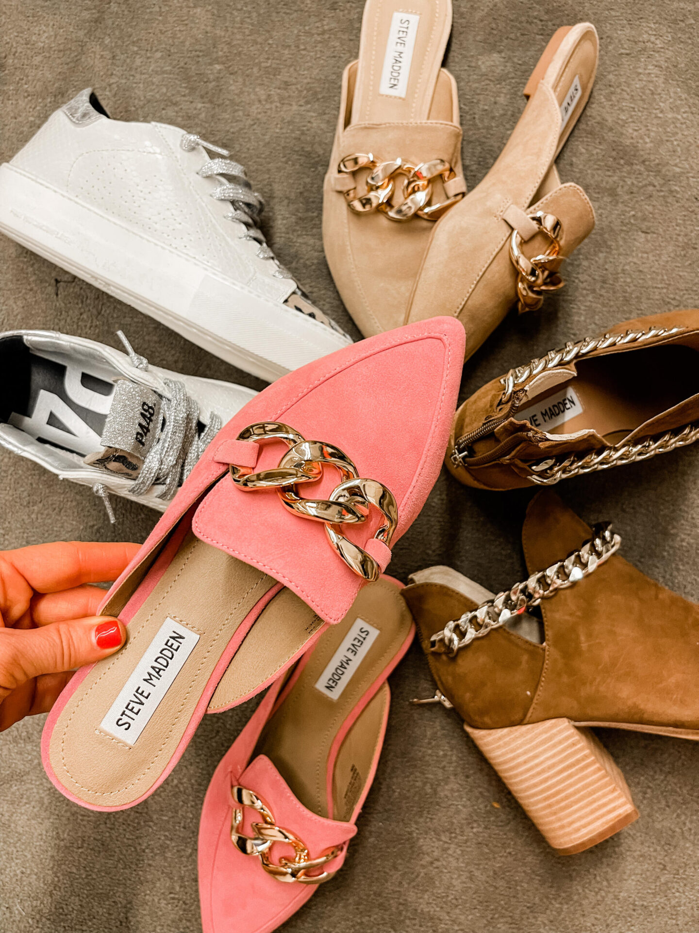 Nordstrom Anniversary Sale by popular Nashville fashion blog, Hello Happiness: image of Nordstrom Steve Madden pink Finn chain mules, P448 sneakers, and Steve Madden Cedar chain bootie. 
