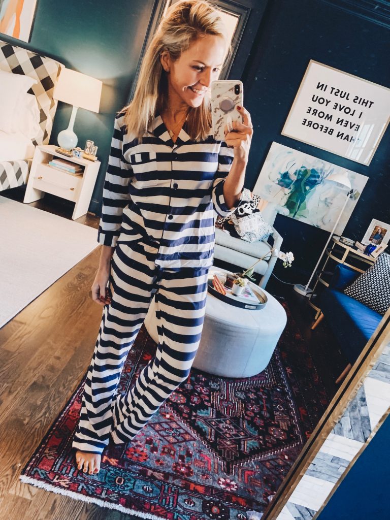 Amazon Favorites featured by top US fashion blog Hello! Happiness; Image of a woman wearing striped pajamas from Amazon.