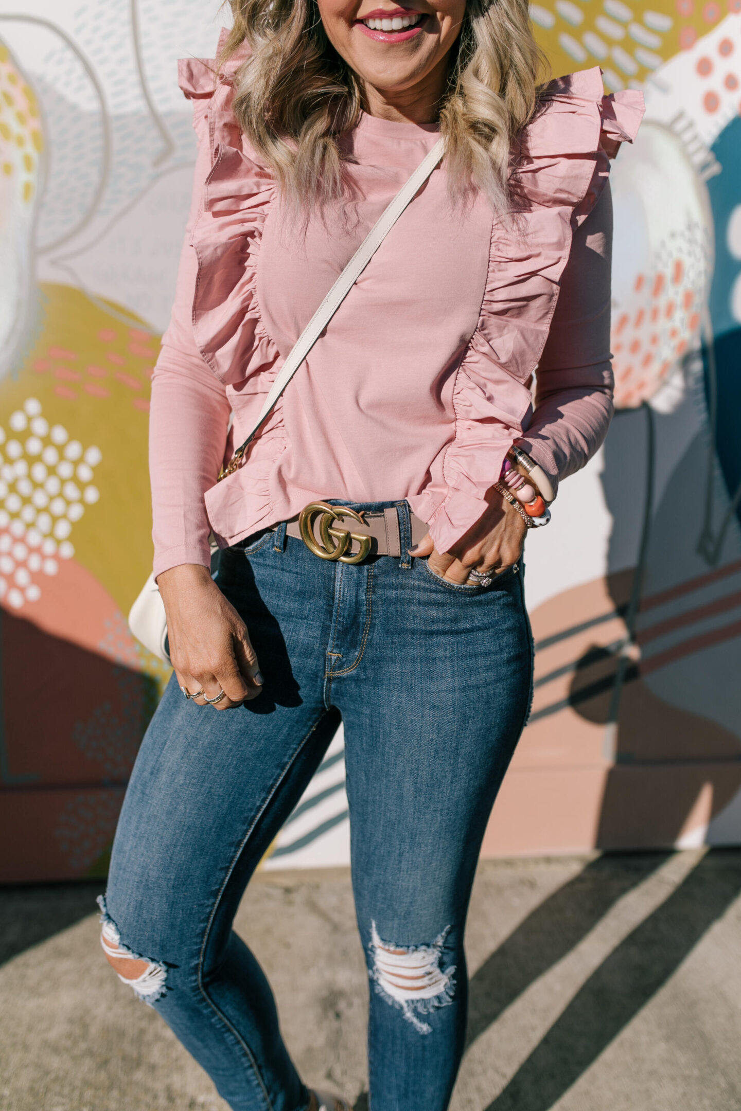 Pink Fashion by popular Nashville fashion blog, Hello Happiness: image of a woman wearing a ruffled poplin top by Object Rare x English Factory.