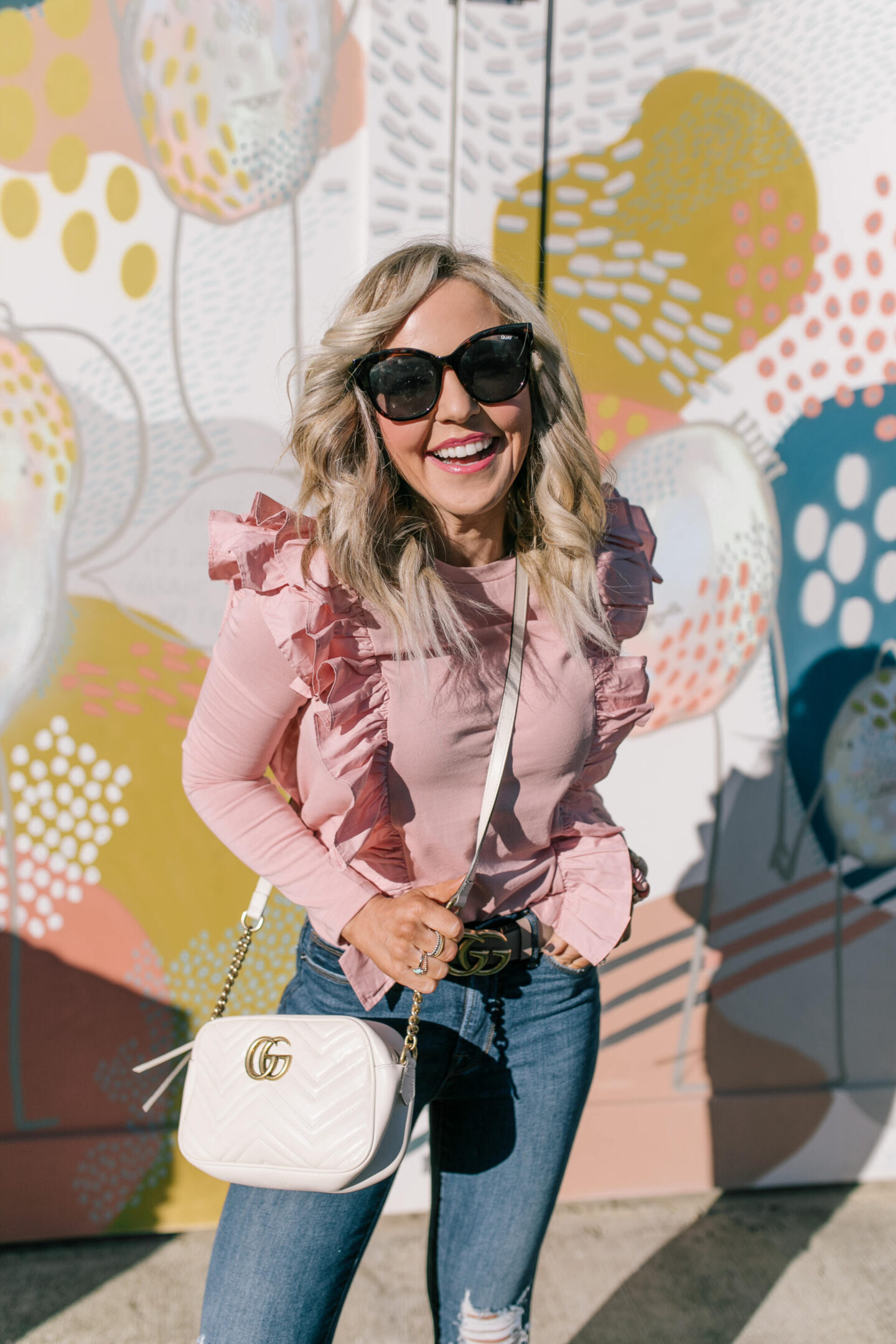 Pink Fashion by popular Nashville fashion blog, Hello Happiness: image of a woman wearing a ruffled poplin top by Object Rare x English Factory.