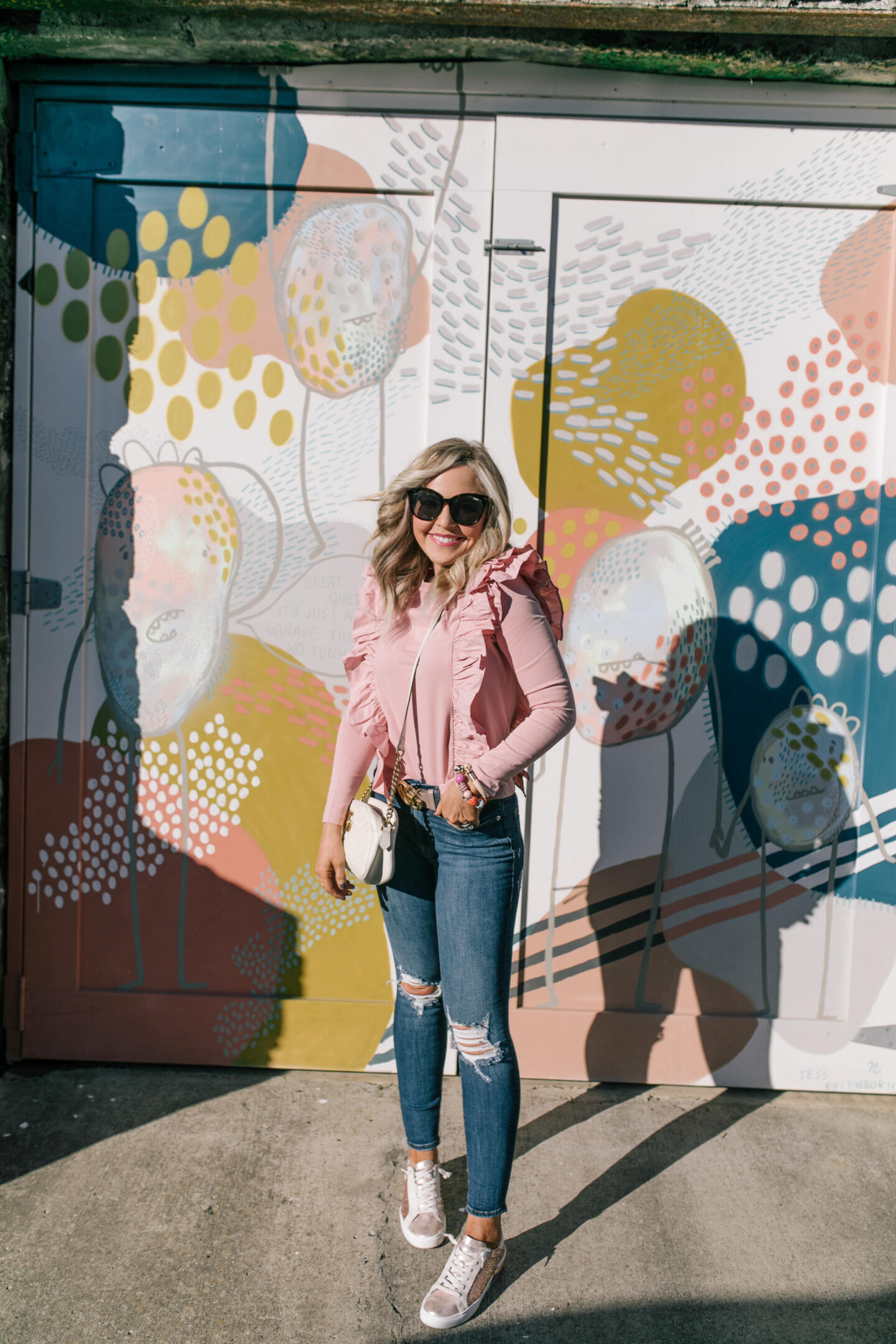 Pink Fashion by popular Nashville fashion blog, Hello Happiness: image of a woman wearing a ruffled poplin top by Object Rare x English Factory.