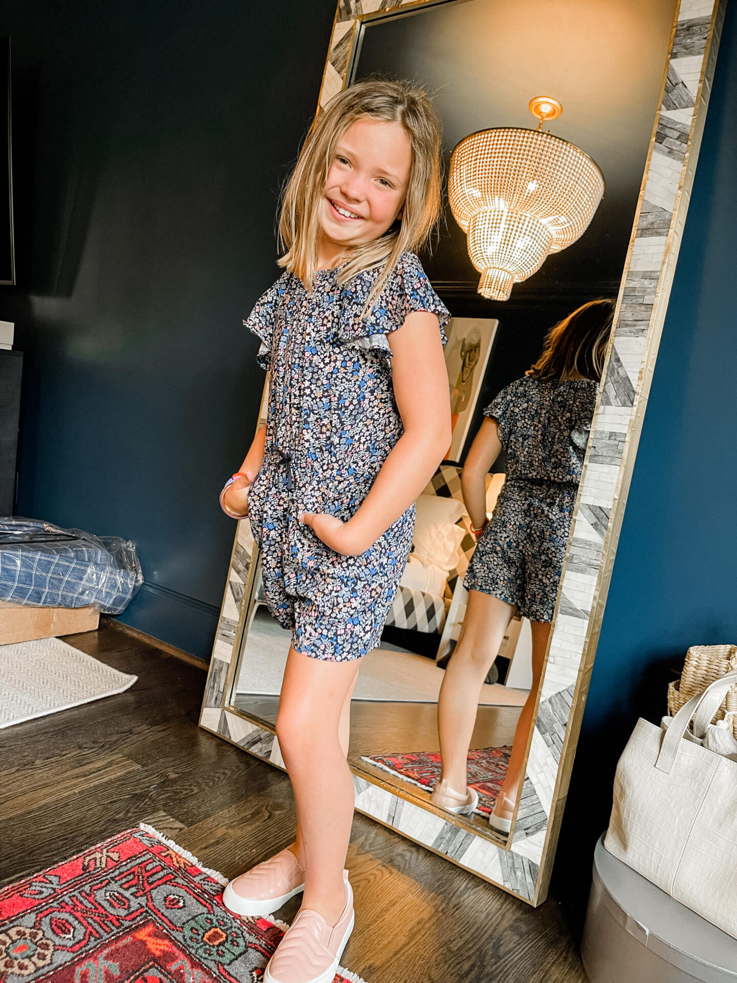 Back to School Essentials by popular Nashville lifestyle blog, Hello Happiness: image of a young girl wearing a floral print romper.
