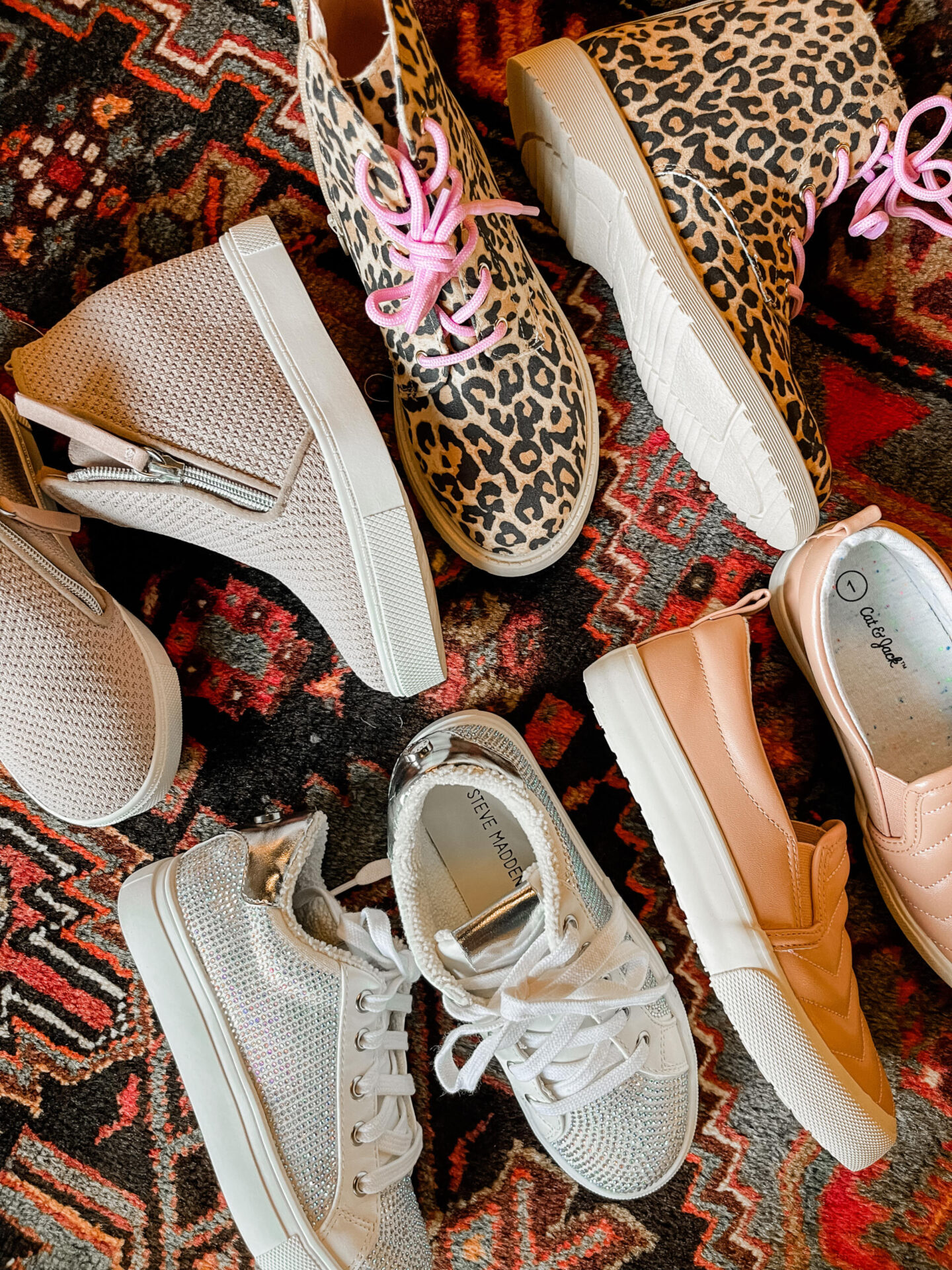 Back to School Essentials by popular Nashville lifestyle blog, Hello Happiness: image of wedge sneakers, leopard print combat boots, crystal sneakers, and Nellie slip-on sneakers.
