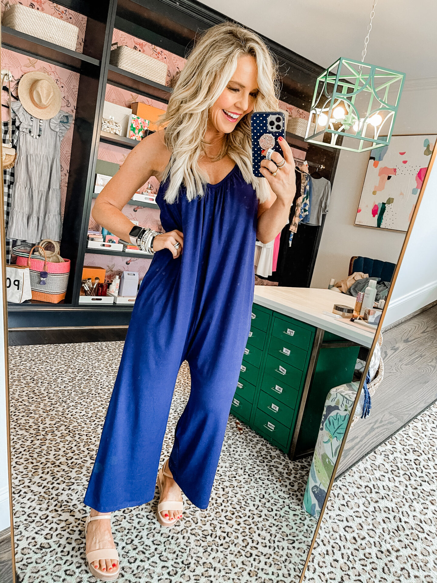 Amazon Favorites by popular Nashville fashion blog, Hello Happiness: image of Natasha Stoneking wearing a navy harem jumpsuit.