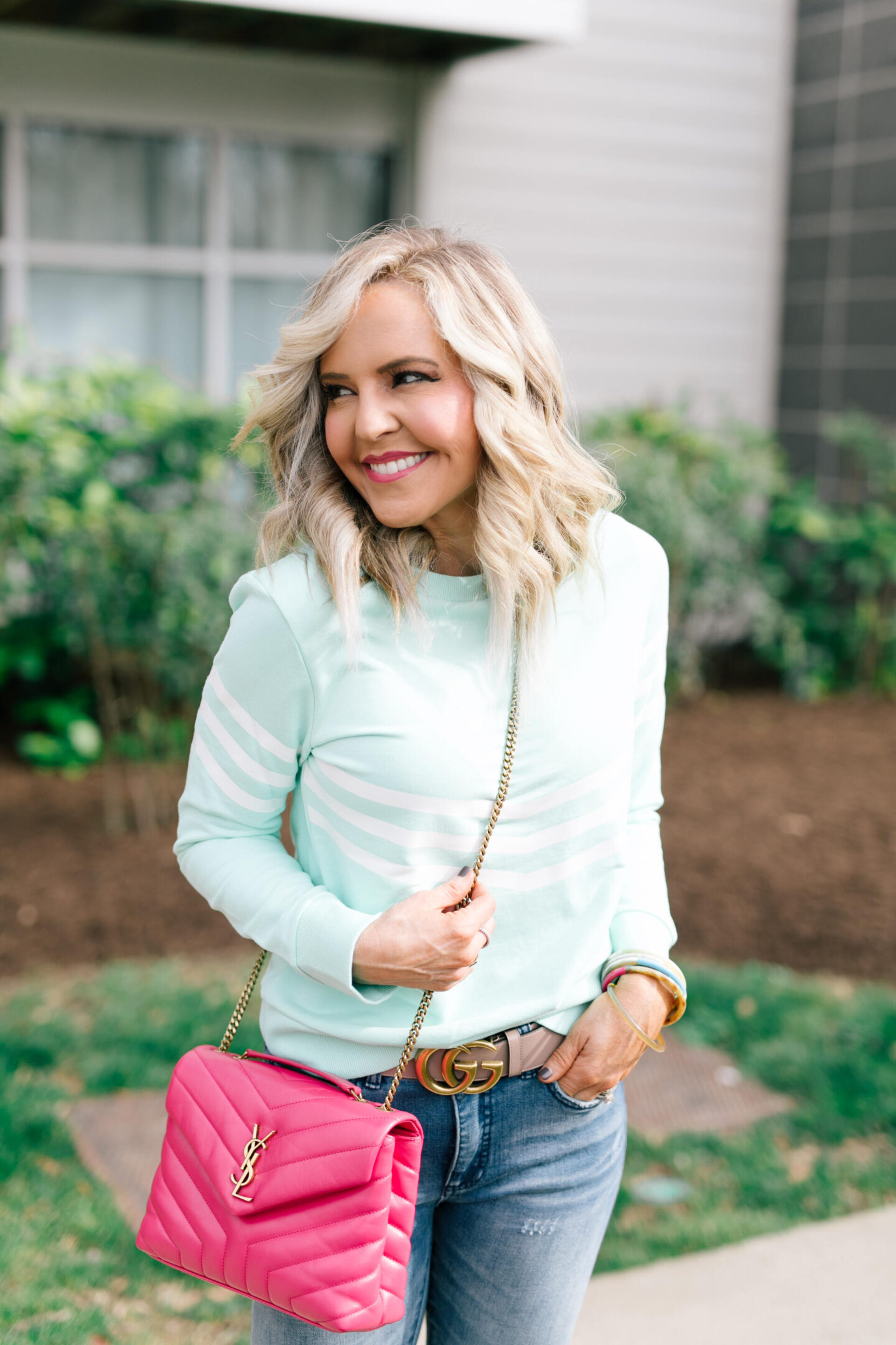 Sail to Sable by popular Nashville fashion blog, Hello Happiness: collage image of Natasha Stoneking wearing a Sail to Sable stripe sweatshirt, boyfriend jeans, rose gold glitter sneakers, and carrying a YSL LouLou bag.