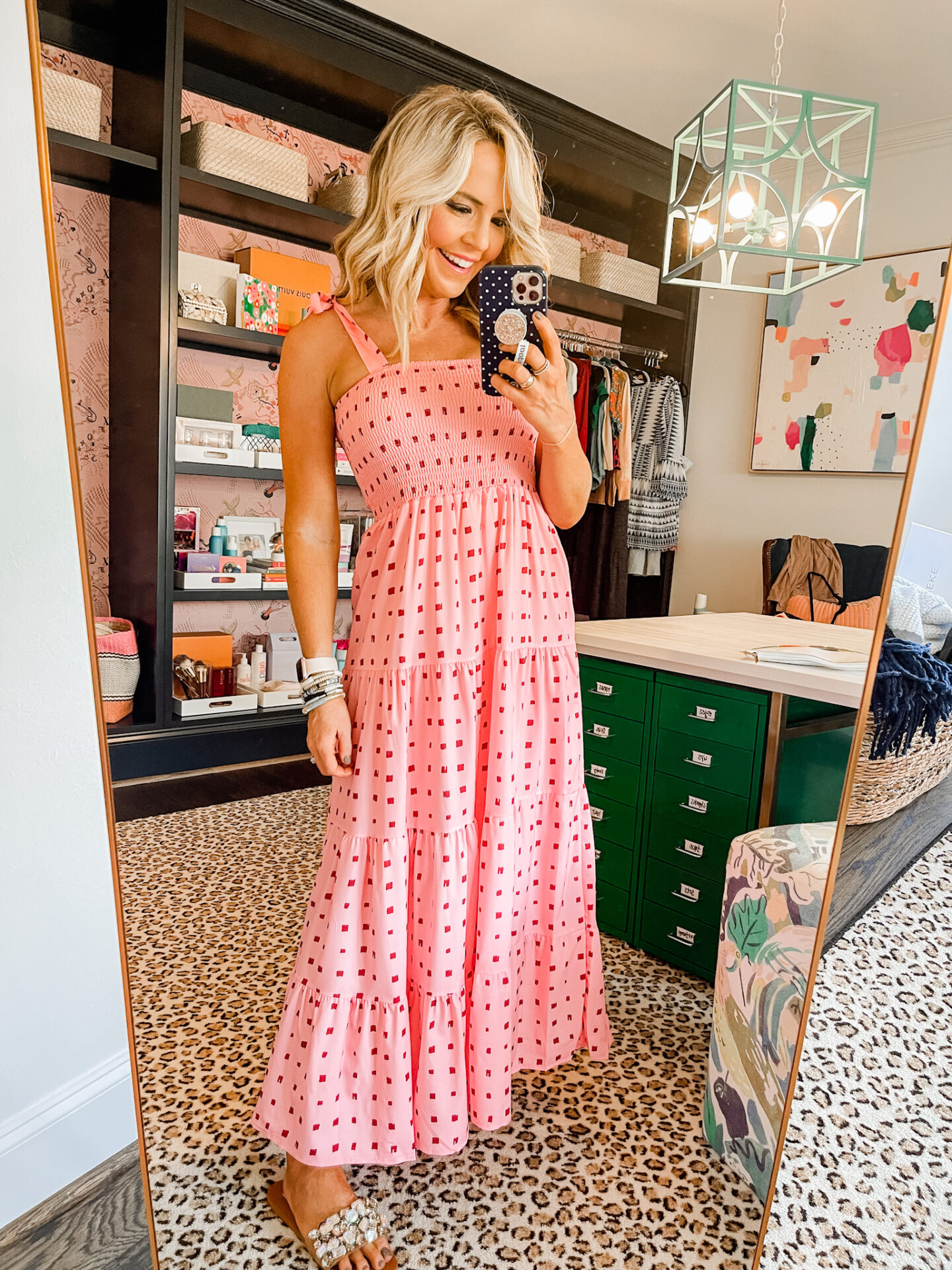 Amazon Favorites by popular Nashville fashion blog, Hello Happiness: image of Natasha Stoneking wearing a Amazon pink and red dotted maxi dress.