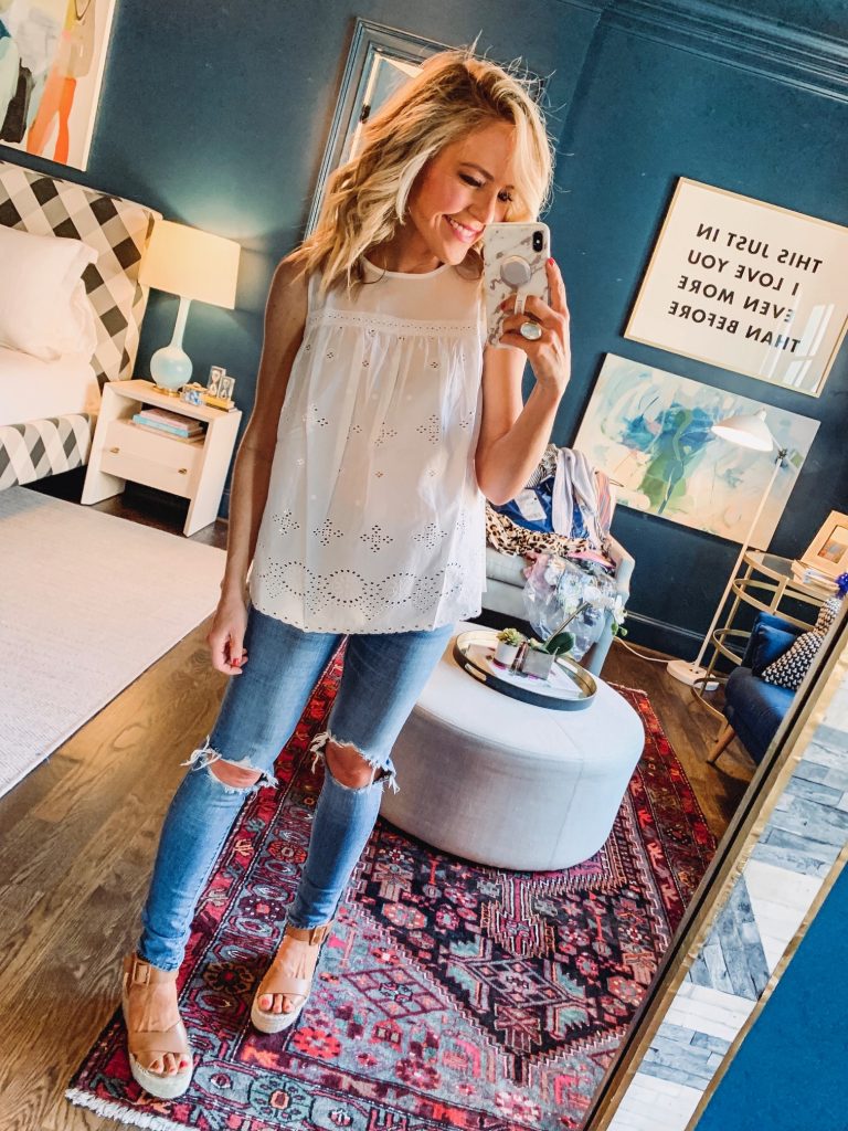 Amazon Fashion Favorites featured by top US fashion blog Hello! Happiness; Image of a woman wearing a white scalloped top from Amazon.