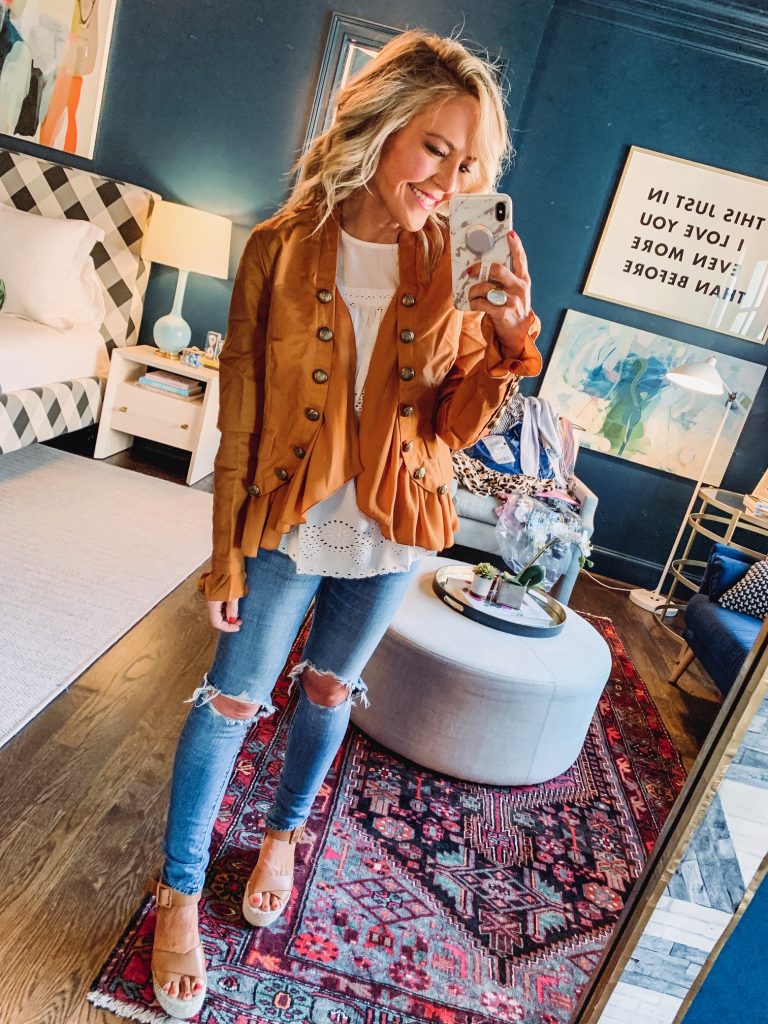 Amazon Fashion Favorites featured by top US fashion blog Hello! Happiness; Image of a woman wearing a white scalloped top and vintage ruffle jacket from Amazon.