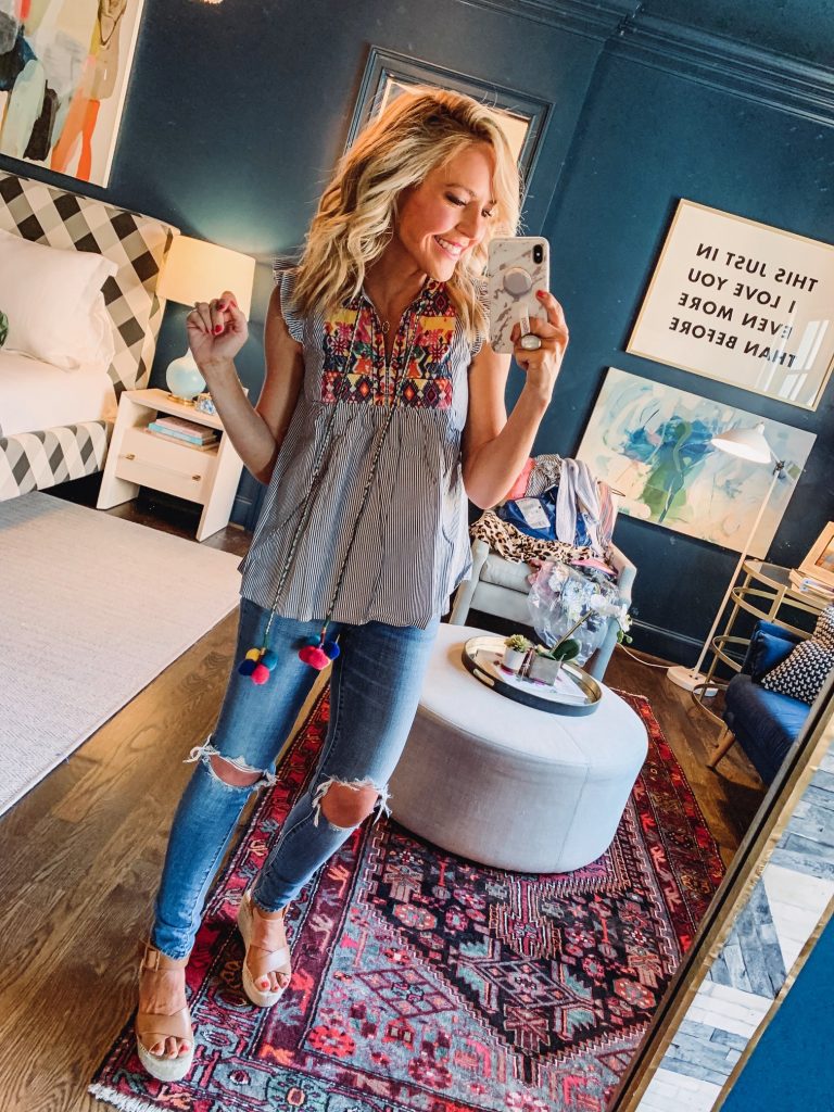 Amazon Fashion Favorites featured by top US fashion blog Hello! Happiness; Image of a woman wearing an embroidered top from Amazon.