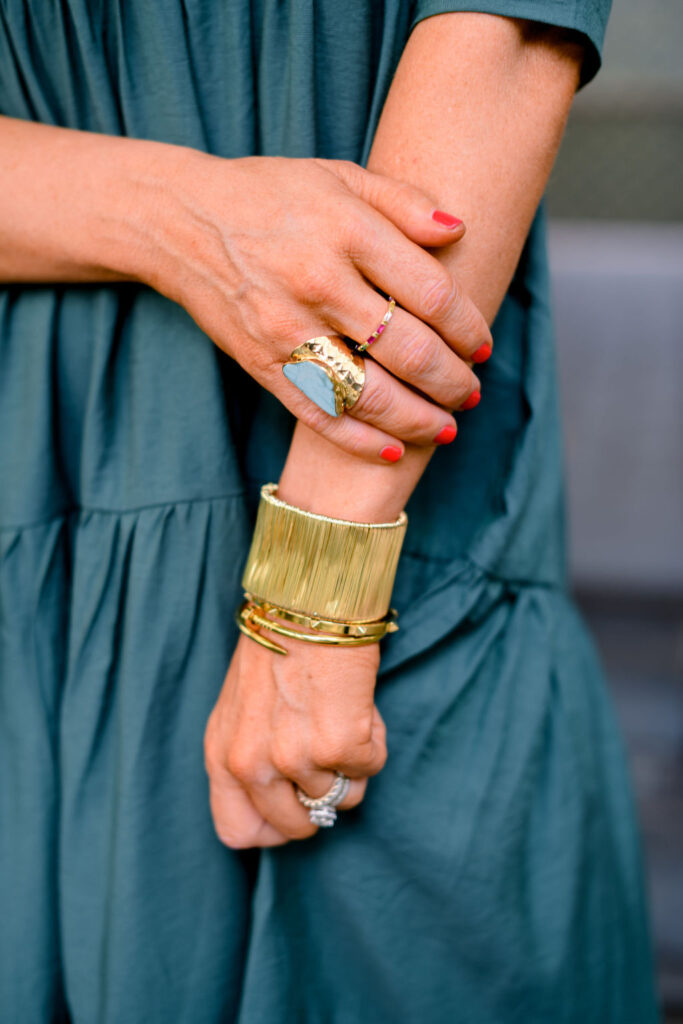 Accessory Concierge by popular Nashville fashion blog, Hello Happiness: image of Natasha Stoneking wearing the Accessory Concierge wire wrapped gold cuff. 