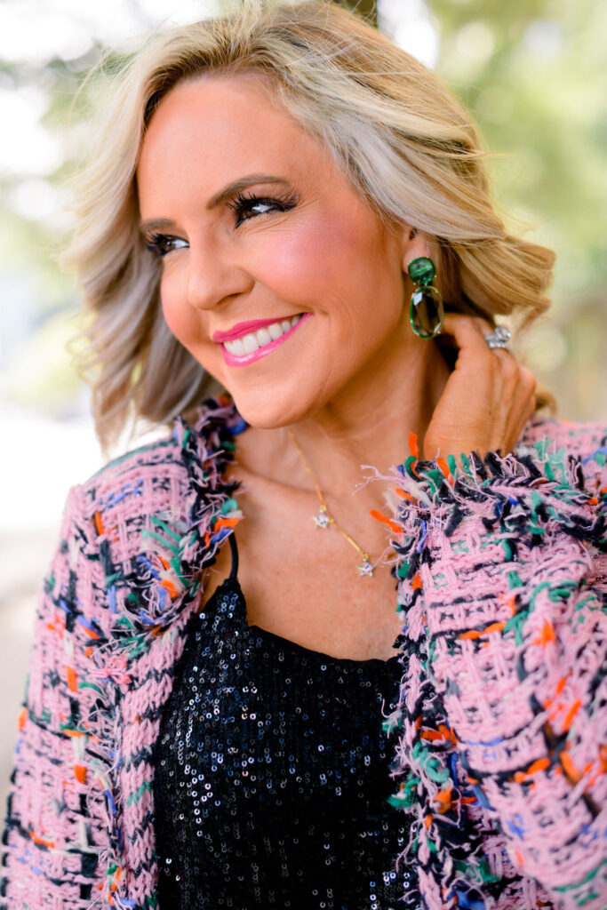 Accessory Concierge by popular Nashville fashion blog, Hello Happiness: image of Natasha Stoneking wearing the Accessory Concierge Esme emerald drop earrings, black sparkle top, Check Tweed Jacket + Sequin Cami Top