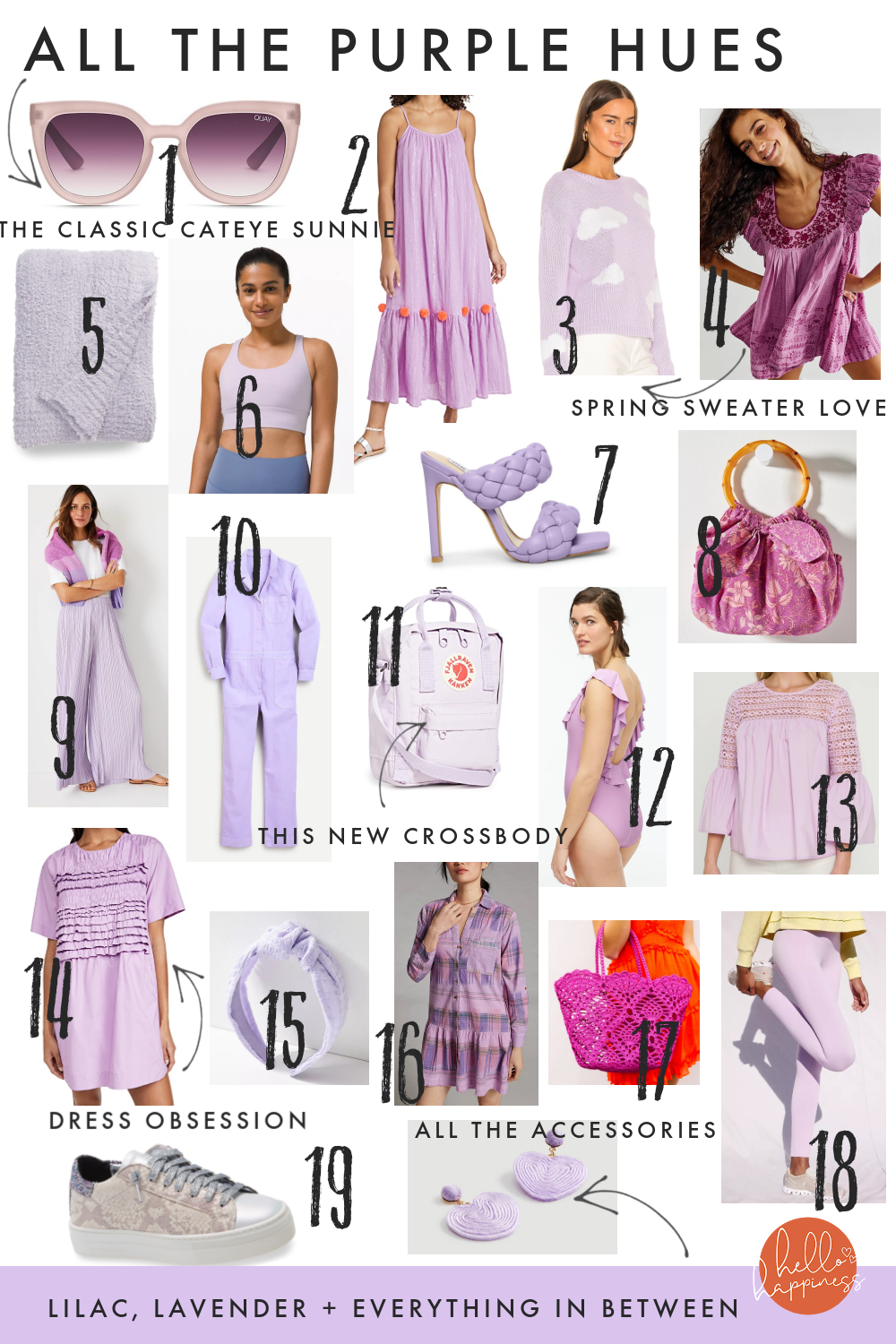 Purple Clothing by popular Nashville fashion blog, Hello Happiness: collage image of purple clothing, purple bags, purple headband, purple jewelry, and purple shoes.
