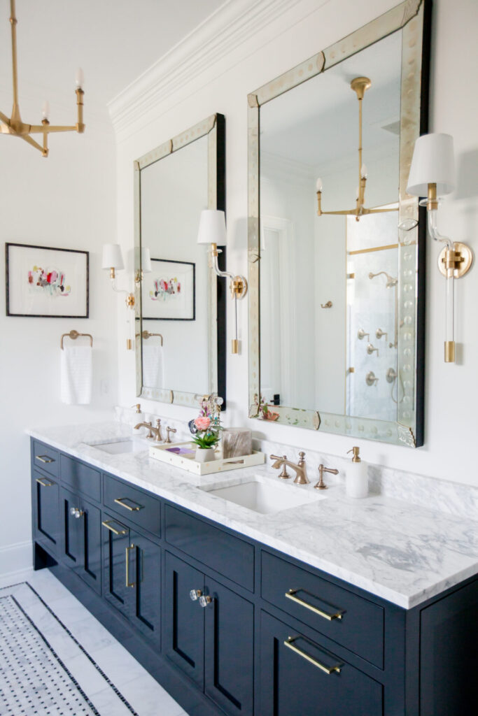 Home Paint Colors by popular Nashville life and style blog, Hello Happiness: image of a master bathroom painted in Sherwin Williams SW 6990.