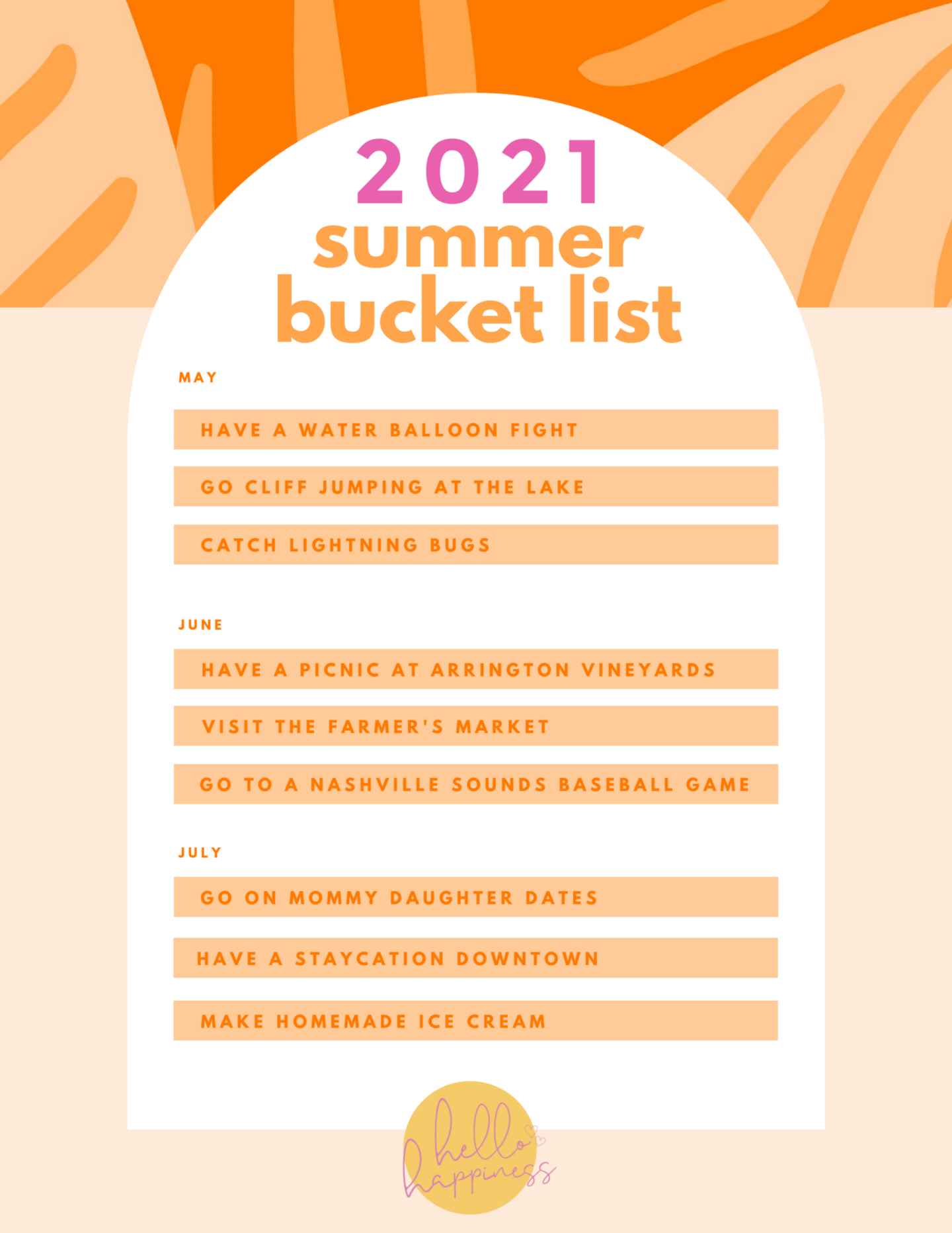 Summer Bucket List by popular Nashville lifestyle blog, Hello Happiness: image of a printable 2021 summer bucket list.
 