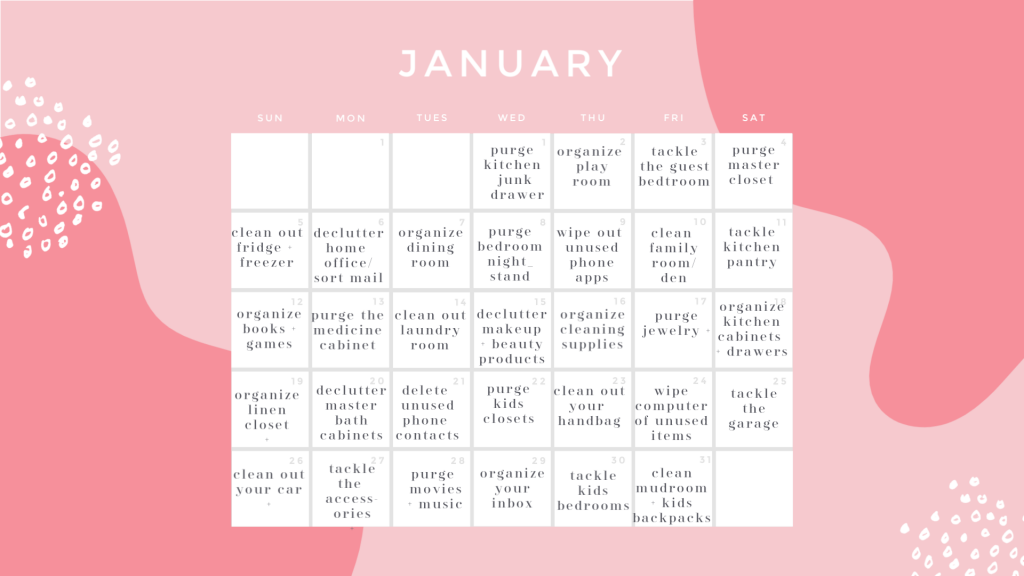 Operation Organizing Your Home...The January Challenge by popular Nashville life and style blog, Hello Happiness: image of a printable January organization calendar. 