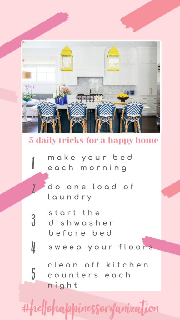 Operation Organizing Your Home...The January Challenge by popular Nashville life and style blog, Hello Happiness: printable image of 5 daily tricks for a happy home. 
