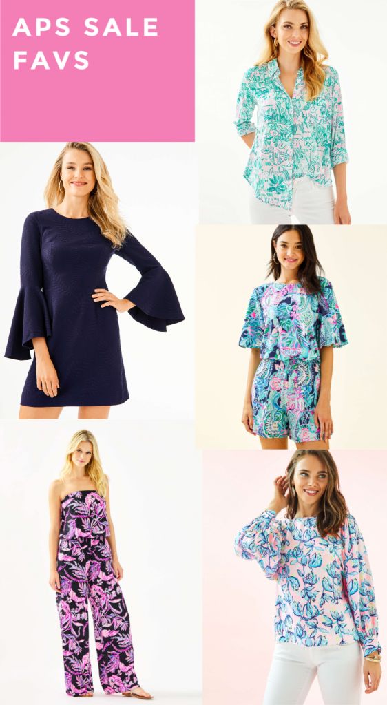 Hip Hip Hooray... The Lilly After Party Sale is Here! by popular Nashville fashion blog, Hello Happiness: image of Lilly Pulitzer Sea View Button Down Top, Navy Kayla Stretch Dress, Britton Romper, Pim Strapless Jumpsuit, Maisel Top.