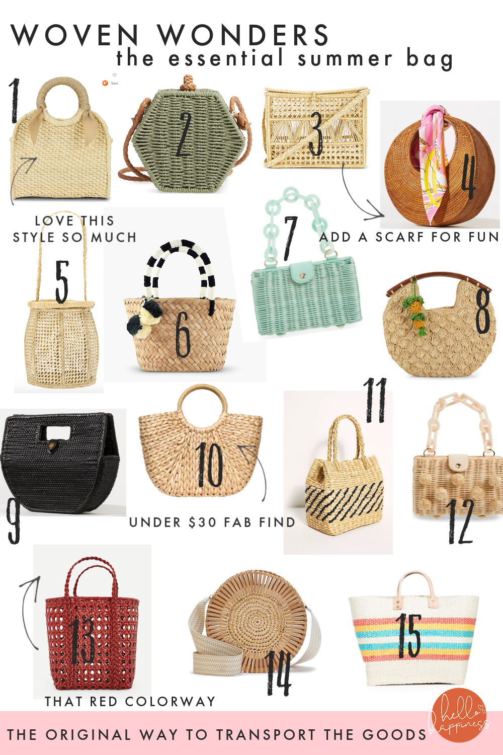 Woven Bag by popular Nashville fashion blog, Hello Happiness: collage image of woven bags. 
