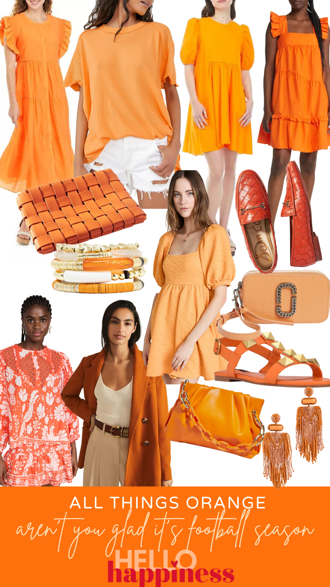 Orange Fashion by popular Nashville fashion blog, Hello Happiness: collage image of orange dresses, orange shoes, orange jewelry, orange purses, and orange tops. 