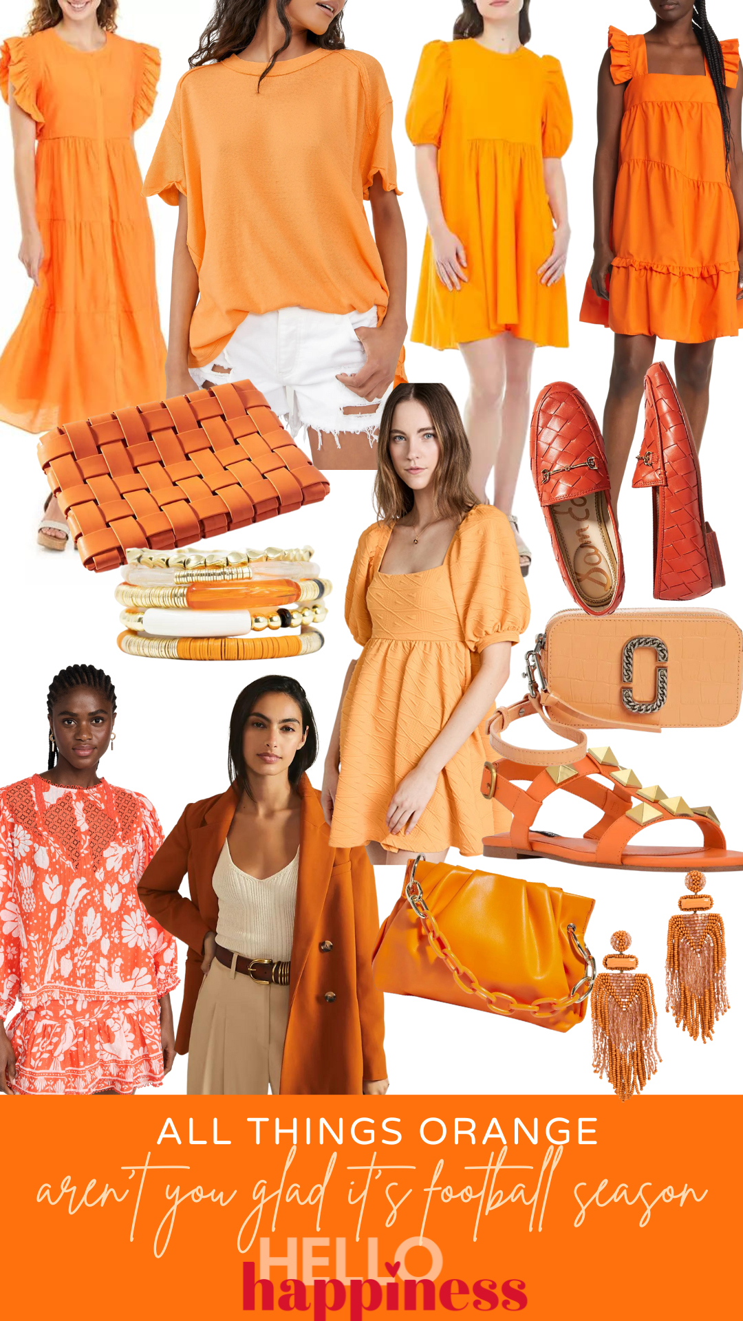 Orange Fashion by popular Nashville fashion blog, Hello Happiness: collage image of orange dresses, orange shoes, orange jewelry, orange purses, and orange tops.