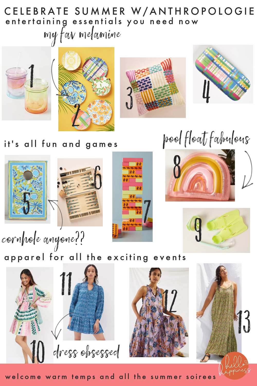 Anthropologie Products by popular Nashville life and style blog, Hello Happiness: collage image of an Anthropologie Blythe tumbler, perennials melamine plates, plaid pillow, madras serving platter, floral corn hole set, wooden backgammon game, colorful toppling wooden game, rainbow pool float, kids snorkeling set, Petra embroidered dress, calanthe mini dress, tiered abstract maxi and flounced lounge dress. 