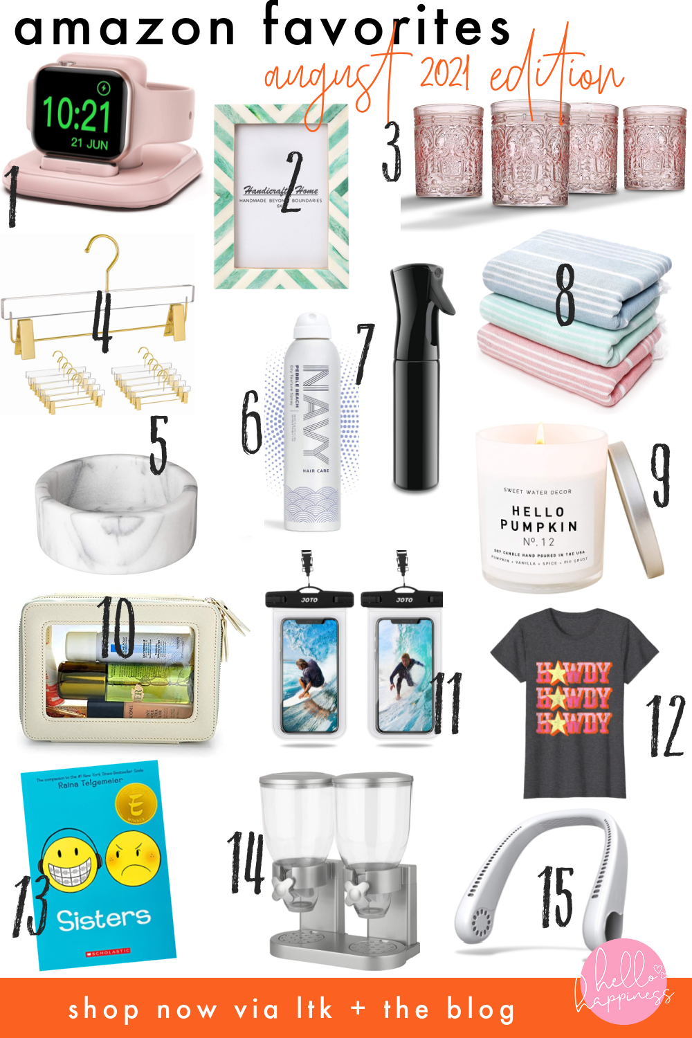 Amazon Favorites by popular Nashville fashion blog, Hello Happiness: collage image of a Amazon watch charging station, herringbone 5x7 bone inlay frame, blush pink glass set, gold and acrylic hangers, white marble wine stand, navy pebble beach dry texture spray, hair spray misting bottle, quick dry oversized towels, sweet water pumpkin candle, clear makeup bag, waterproof cell phone case, howdy rodeo western t-shirt, sisters book, dual cereal dispenser, and portable neck fan.