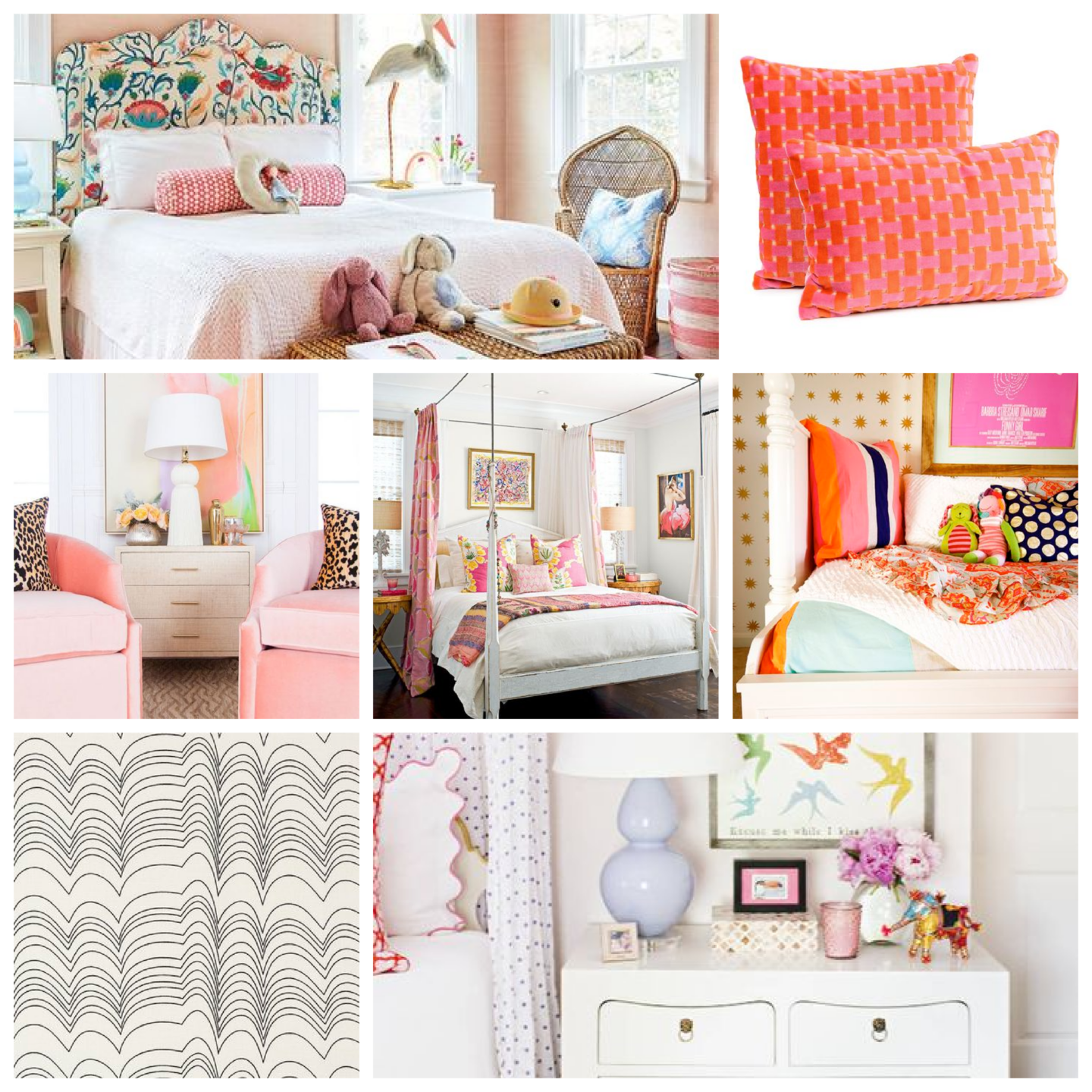 Nashville life and style blog, Hello Happiness: collage image of a colorful tropical print fabric headboard, coral pink show pillows, pink velvet accent chairs, white canopy bed, black and white stripe drapes, and a white dresser with purple flowers in a white vase, a lamp with a white shade and light purple base, pink candle votive, and black and white picture frames. 