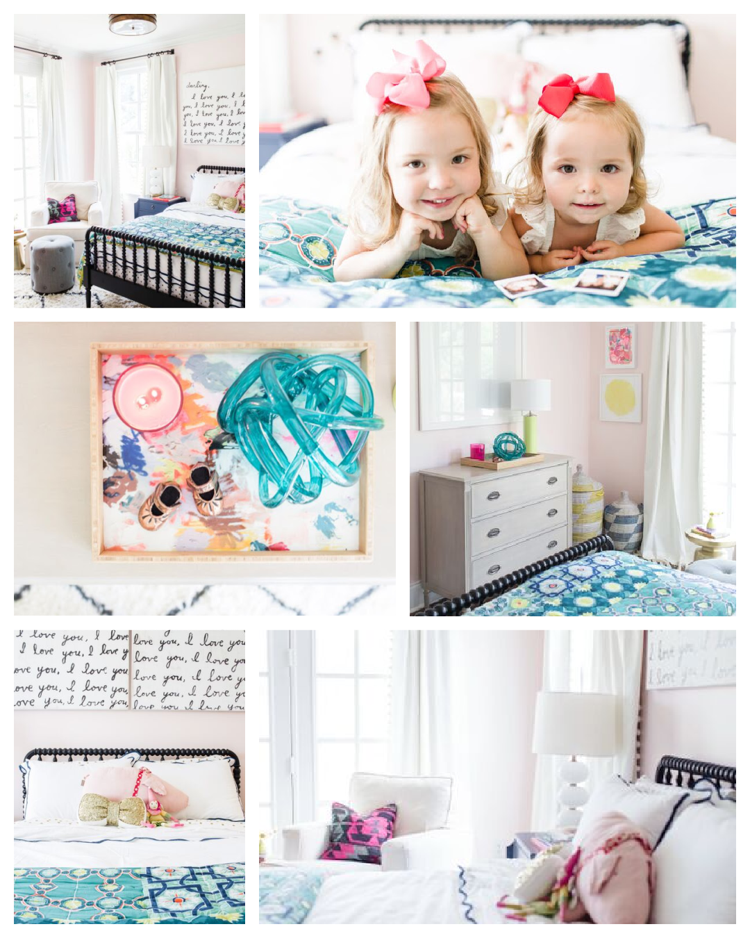 Bedroom Refresh by popular Nashville life and style blog, Hello Happiness: collage image of a girls bedroom, two little girls laying on a bed together, and a colorful wooden tray filled with gold Mary Jane shoes, pink candle votive and blue abstract glass decor item.